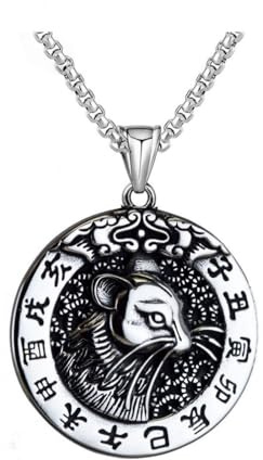 OAKKY Unisex Edelstahl Persönlichkeit Jahrgang 12 Chinesisches Tierkreiszeichen Glück Runde Anhänger Hundemarke Horoskop Tierkette Zeichen Betet Amulett Halskette Ratte