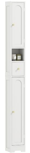 HOMCOM Tall Bathroom Cabinet Modern Slim Drawer 20 x 20 x 185 cm White | Bathroom Storage Cabinet, Arched Doors, Open Shelf, Narrow Storage Cupboard, Adjustable Shelves, Freestanding