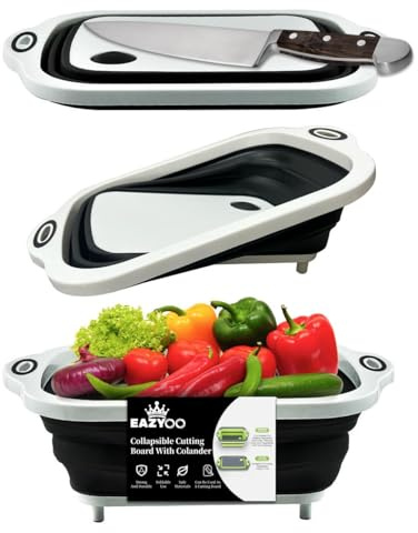 Camping Collapsible Washing Bowl ⎯ Cutting Board with Drain Plug | 3-in-1 Chopping Board, Wash Basin & Storage Basket | Foldable Dish Tub for Kitchen, Travel, Picnic & BBQ (Black & White)