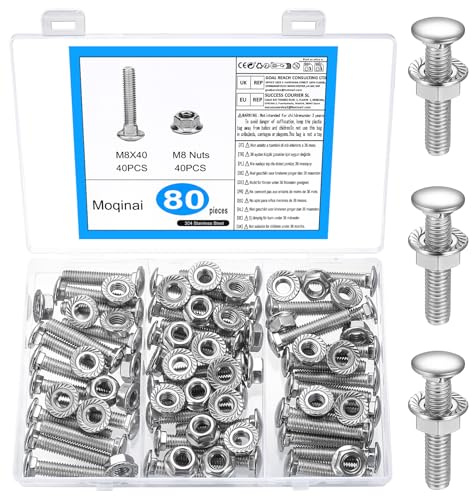 80 Stück Schlossschrauben M8 x 40mm, Schloßschrauben Muttern Set, Edelstahl Torbandschrauben mit Sechskant Flanschmuttern, Flachrundkopfschrauben Sicherheitsschrauben mit Muttern Set