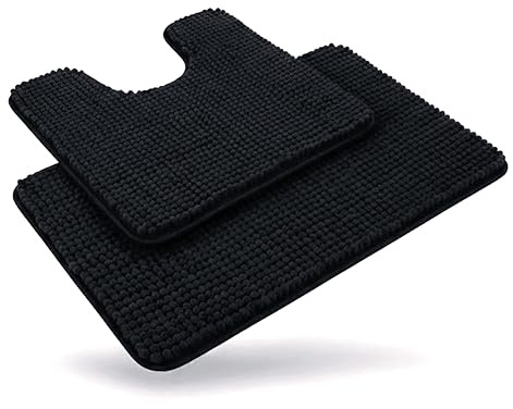 Linruione Badteppich Set, Weich Chenille Badematte Schwarz 1400g/m² Duschvorleger rutschfest Waschbar Badezimmermatten 50x80cm und WC Vorleger mit Ausschnitt 50x50cm