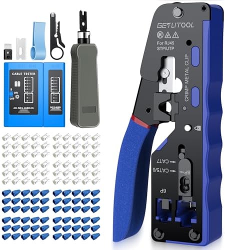 GETLITOOL Netzwerk Werkzeug Set, RJ45 Crimpzange Cat5e/6/6A/7 mit 60 x RJ45 Stecker Cat6 Pass Through, Netzwerktester, LSA-Auflegewerkzeug, RJ45/RJ11/RJ12 Presszange Schneiden/Abisolieren/Crimpen