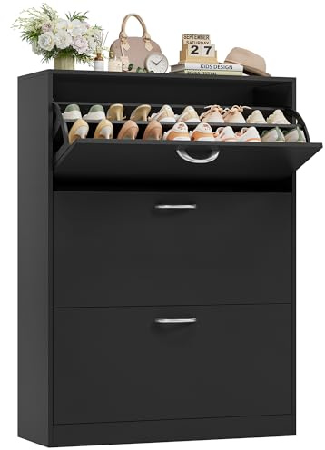 FirFurd Shoe Cabinet Black Shoe Storage Cupboard with 3 Flip Doors Shoe Cabinets Hallway Slim Freestanding Footwear Organizer 80 x 23.5 x 108 cm