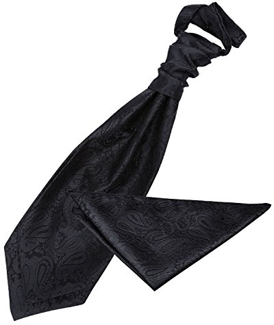 DQT Mens Paisley Floral Jacquard Pre-Tied Scrunchie Cravat & Pocket Square Set (2pc) – Wedding, Business & Formal - Black