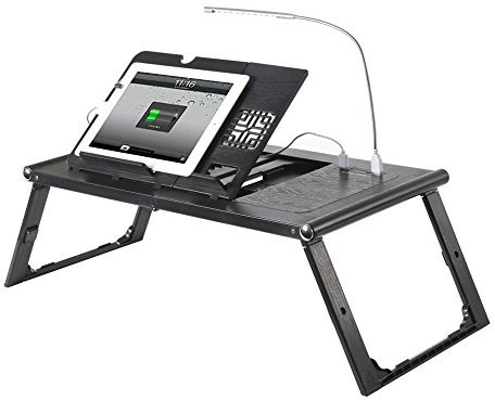 Etable Adjustable Lap Desk Laptop Bed Tray with Built-in 10000mAh Rechargeable Power Bank and LED Light - Folding Tablet Stand Reading Desk Black