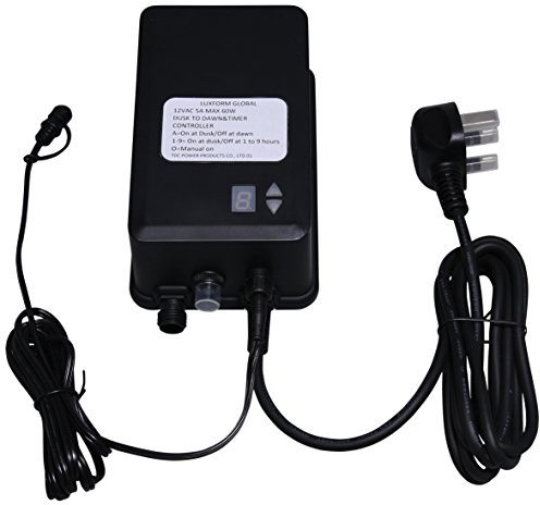 Luxform Lighting 60W Transformer with Built in On, Off, Auto and 1-9 Hour photocell Timer and Dusk/Dawn Sensor. Input: 230Vac 50Hz BS Moulding Plug. Output: 12Vac 60W Female Plug.