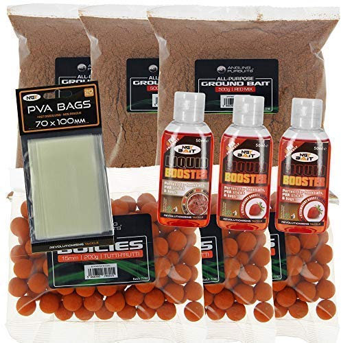 DNA NEW Carp Coarse Fishing Tackle Complete Bait Set with 3x 200g Boilies 3x 500g Groundbait + 3x 50ml Liquid Boosters and 70x100 PVA Bags