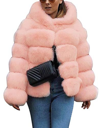 ShallGood Cappotti Donna Eleganti Cardigan Invernale con Cappuccio Taglie Forti Caldo Manica Lunga Pelliccia Sintetica Parka Lunghi Giacca Outerwear Rosa IT 48
