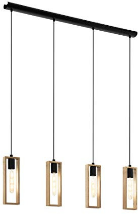 EGLO Pendellampe Littleton, 4 flammige Vintage Pendelleuchte im Industrial Design, Retro Hängelampe aus Stahl und Holz, Farbe: Schwarz, braun, Fassung: E27