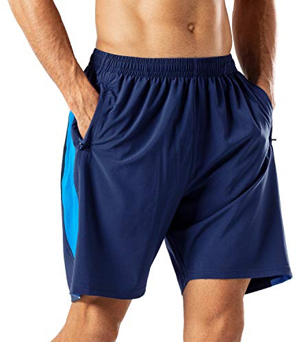 HMIYA Men's Casual Sports Quick Dry Workout Running or Gym Training Short with Zipper Pockets(Navy Blue,XL)
