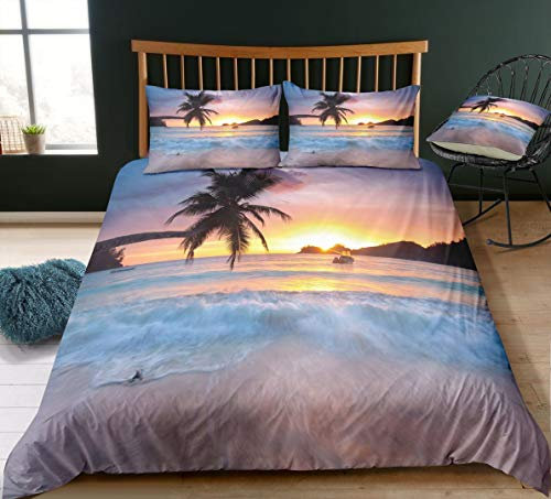 Strand und Meer 3D Print Betten Set Kinder Sea Beach Sonnenuntergang Bettwäsche Set Microfaser Modern Stil Tropische Palm Bettbezug mit 1 Kissenbezug 2 teilig 135x200 cm + 80x80 cm Jungen Mädchen