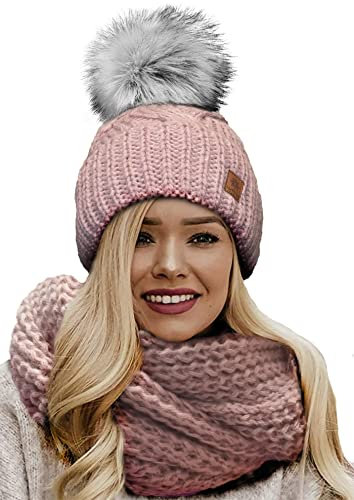 4sold Mütze & Schal Schlauchscha Damen Gerippt Winter Beanie mit Fleece Strickmütze Mohair Wolle Wurm mit Faux Fell-Bommel Bommel Pom Pom Strick Gefüttert - Set Birma Rouse Pink
