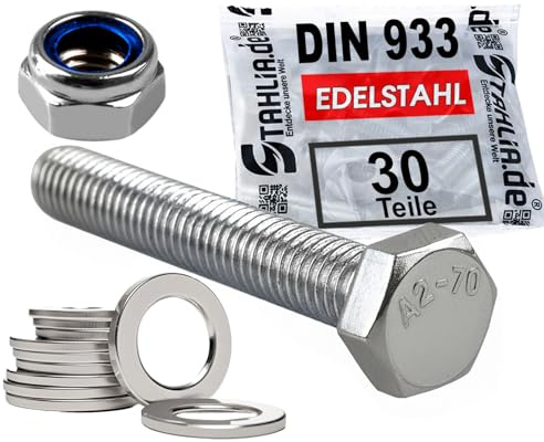 Stahlia 10 Sechskantschrauben 10 Unterlegscheiben & 10 Muttern Set Edelstahl M6 x 70 mm Vollgewinde (30 Teile) DIN 933|125|985 Maschinenschrauben Außensechskant
