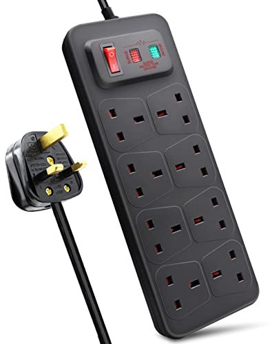 EXTRASTAR Universal Extension Lead, 8 Way Outlets Surge Protection Power Strips with Switch, Wall Mounted 13A/MAX.3120W Fused UK Power Socket (5M, Black)