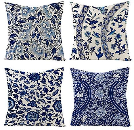 Gualiy 4er-Set Kissenbezug Dekorative Dekokissen Kissenhülle 40x40cm, Leinen Paisley Blumenmuster Dekokissenbezüge für Couch Sofa Heimtextilien, Blau, Set3