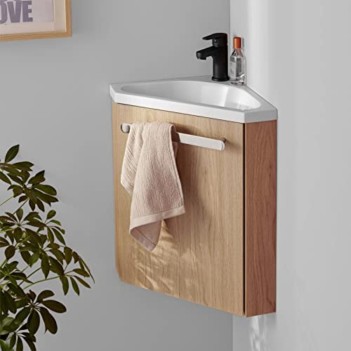 MOB-IN Meuble Lave-Mains SKINO décor chêne avec Vasque Blanche + Robinet Noir