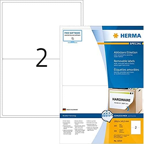 HERMA 10314 Universal Etiketten ablösbar, 1400 Blatt, 199,6 x 143,5 mm, 2 pro A4 Bogen, 2800 Stück, selbstklebend, bedruckbar, matt, blanko Papier Klebeetiketten Aufkleber, weiß