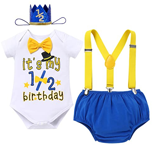 FYMNSI Baby Boy Half/First Birthday Cake Smash Outfit Romper + Shorts + Suspenders + Headwear 4pcs