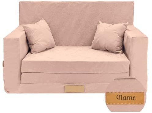 Flumi Personalisierte Kindercouch Kinder Sessel Sofa Schlafsofa jugendzimmer mit Gravur KINDERNAME Spielsofa für Kinderzimmer Schlafsessel Bettfunktion Kindermöbel 92x40x60 Mikrofaser (Rosa)