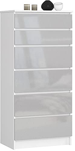AKORD Kommode K60 mit 6 Schubladen | für das Wohnzimmer Schlafzimmer Schrank Büro Arbeitszimmer | Modernes Funktionales Design | B60 x H130 x T40 cm, Gewicht 43kg | Weiß/Metallic-Glanz