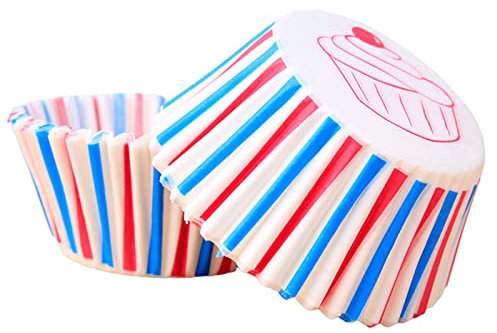 100Pcs White Blue Red Striped Paper Cupcake Cases for Baking, Muffin Cup Cake Paper Liners Small Muffin Cupcake Wrapper Paper.Cases for Birthday Party,Union Jack Theme Parties Supplies