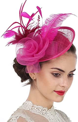 IBLUELOVER Women Fascinator Hat Flower Feather Mesh Veil Pillbox Hat Wedding Bridal Headdress Retro Cocktail Tea Hair Accessories with Clip for Church Banquet Dance Hen Party Rose Red