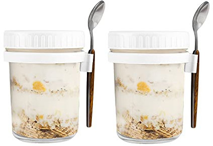 Hniuyun 2 Pack Overnight Oats Jars with Lids and Spoon, 10 oz Airtight Breakfast Jars with Measurement Marks, Mason Jars with Lid for Salads Cereal Milk Porridge Fruit (White + White)