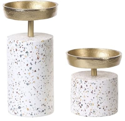 Kerzenständer 2-er Set Aluminium Gold/weiß rund Terrazzo Optik Glam Kaengan