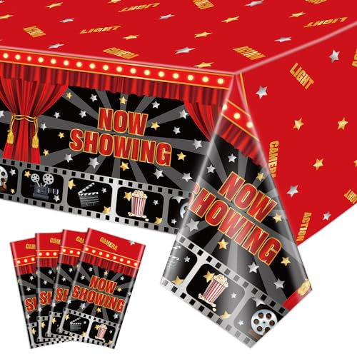 4 Pack Movie Night Tischtücher, 220x130cm Rechteck Film Themed Party Tischdecken, Now Showing Tischtuch für Movie Night Theater Red Carpet Geburtstag Party Dekorationen Zubehör