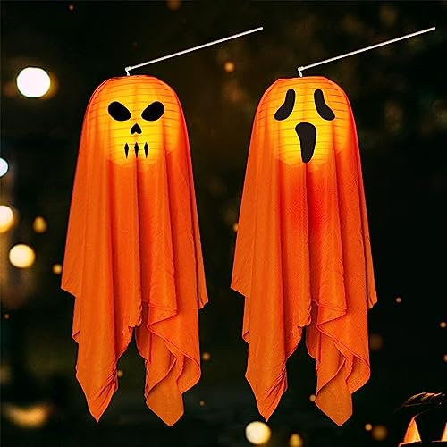 Bseical 2 Stück Halloween Deko Geist, Lichterkette, Faltbar Lampenschirm Lampions, Windsäcke Hängen Geistergesicht Mit Lichter, Laterne Für Party Jungen Mädchen (B), (Bseical-612)
