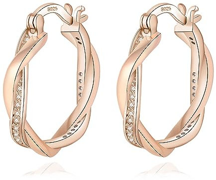 Sterling Silver Hoop Earrings, 20mm Rose Gold Hoop Earrings for Women Girls, Hoops Twist Sleeper Huggies Earring, Rose Gold Hypoallergenic Earring Cubic Zirconia Jewellery Gift