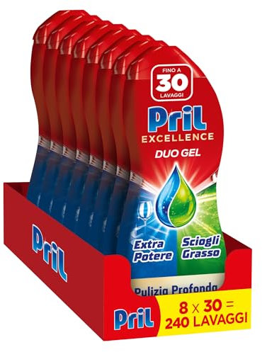 Pril Duo Gel, Detersivo lavastoviglie Gel, Azione Sciogligrasso, Formato da 8 Confezioni da 30 Lavaggi, 240 Lavaggi