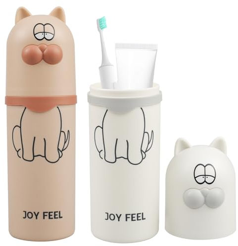 MytaYt 2 Piezas Animados Gato Portátil Vaso Cepillo Dientes Viaje Estuche Cepillo Dientes Plástico Portacepillos de Dientes Viaje para Viajes, Acampar, Escuela (Rosa, Blanco)