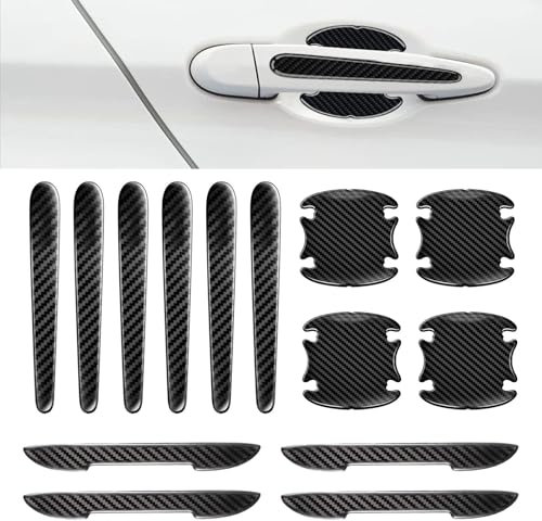 XoeLLe 14 Pièces Protecteur de Poignée de Porte de Voiture, Protection Porte en Fibre de Carbone Noire Contre Bandes Anti Collision, Anti-Rayures Protege Autocollants Voiture SUV Véhicules