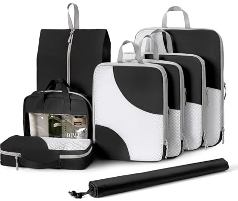 DIMJ Compression Packing Cubes, 8 Set Travel Luggage Organisers for Suitcase Expandable Travel Packing Cubes for Carry on Luggage Ultralight Bag with Toiletry/Shoe/Laundry Bag (Black)