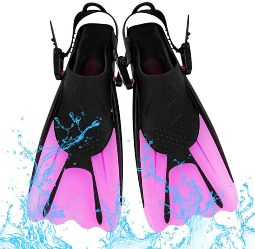 FENGQ Schnorchelflossen mit Aufbewahrungsbeutel, Schwimmflossen Kinder, Verstellbare Flossen Gr.39-43, Kurz Taucherflossen für Kinder Jugendliche Damen für Schnorcheln, Schwimmen und Tauchen(Rosa-L)