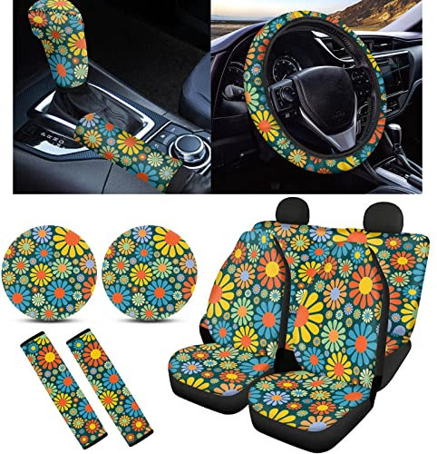 UOIMAG Niedliches Gänseblümchen-Sitzbezug-Set für Damen, Blumenmuster, Auto-Lenkradbezug-Set, Hippie-Blumen-Untersetzer