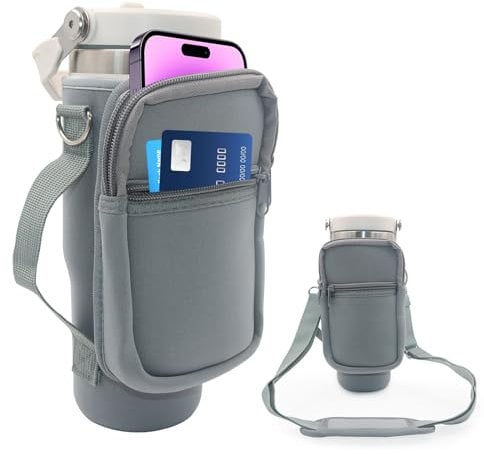 for Stanley Iceflow Flip Straw Tumbler 30 oz, Water Bottle Cup Holder Cover Carrier Sling Bag with Strap, Pouch Pocket for Phone / Accessories, add Handle for Stanley Flip Straw, Neoprene (Grey)