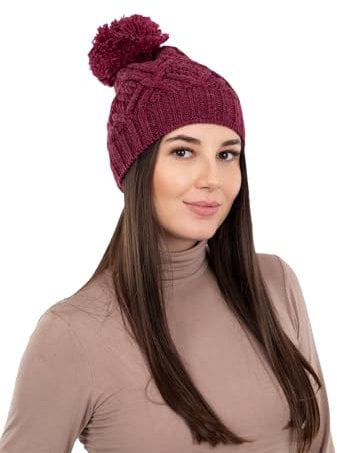 SAOL - 100% Merinowolle Irish Aran Zopfmuster Bommelmütze für Damen, Samt Rot, Einheitsgröße