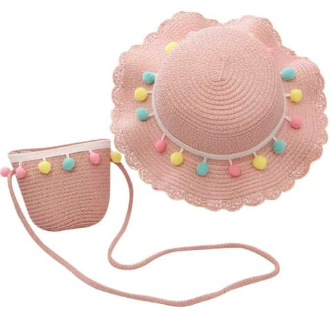 Reyok Chapeau de Paille Enfant avec Petit Sac - Ensemble de Soleil d'Été Volants pour Filles - Vacances Plage