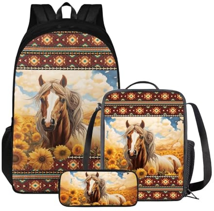 Poceacles Rucksack für Mädchen und Jungen, 3-teiliges Set, Kinderrucksack mit Lunchtasche + Federmäppchen, Schultasche für Grundschule, Aztekisches amerikanisches Tribal-Pferd