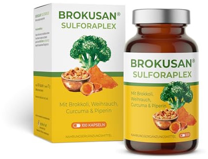 BROKUSAN Sulforaplex - 100 Kapseln - Hochdosiertes Sulforaphan mit Kurkuma-Extrakt, Brokkoli-Extrakt, Weihrauch, Piperin und Pfeffer - Natürlich & Vegan