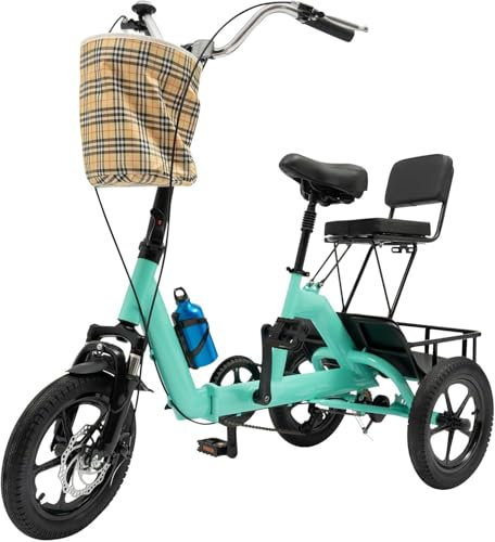 14 Zoll Faltbares Dreirad für Erwachsene 3 Rad Fahrrad mit Vorderen und Hinteren Einkaufskorb, Höhenverstellbar 105-115cm Cityräder Tragfähigkeit 180kg