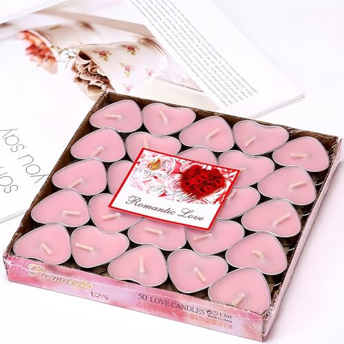 Mainiusi Teelichter Herz Kerzen Rosa 50 Stück, Kleine Kerzen für Hochzeit, 1 Stunde Brenndauer, Romantische Deko für Verlobung, Heiratsantrag, Marry Me