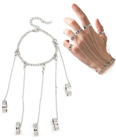 KGDUYC ring kette, armband mit ring verbunden,vintage ringe,Vintage Open Fingerring mit Kette, Punk Ring Armband für Damen Herren, Layered Fingerring Armband Silber Slave Armband (Silbrig)