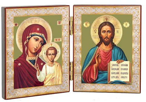 Needzo Christus der Lehrer und Madonna und Kind Jungfrau von Kasan, orthodoxe, katholische Ikone, Diptychon, 12,7 cm breit, religiöses Geschenk für Frauen und Männer, Goldfolie