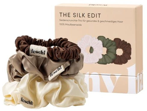 feschi Seiden Scrunchie Trio - Haargummi 3er Pack in 3 Farben - 100% Maulbeerseide - Haarschonende elastische Haarbänder für coole & stilbewusste Frauen - Hochwertige Hair Accessories