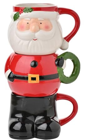 The Seasonal Gift Co - Set of 3 Santa Stacking Glazed Ceramic Mugs - Whimsical Christmas Gifting & Homeware Present - Perfect for Sharing Warm Drinks, Tea, Coffee & Holiday Festivities.