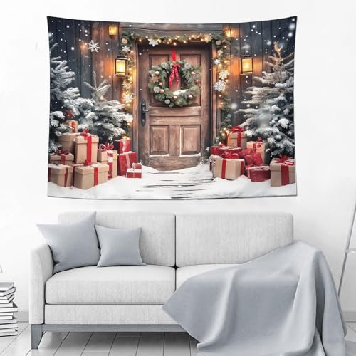 DLERFLOVR Holzhaus-Hintergrund Für Den Außenbereich Als Wandteppich Für Fotografie – Kranz-Geschenkbox, Winter-Wandteppiche, Wandbehang Für Die Feiertage Und Zubehör Für Zuhause, Sc