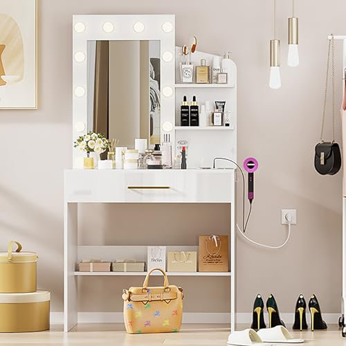 Utlenianie Toeletta con Luci LED e Presa, Luminosità Regolabile, Tavolo da Trucco con Specchio, Postazione Trucco con 1 Cassetti, 3 Ripiani Aperti, Moderno (Bianco-A,80x40x145 cm)